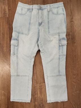 Kancan Winston Cargo Jeans Light Wash Raw Hem Button Flap Back Pockets size 29